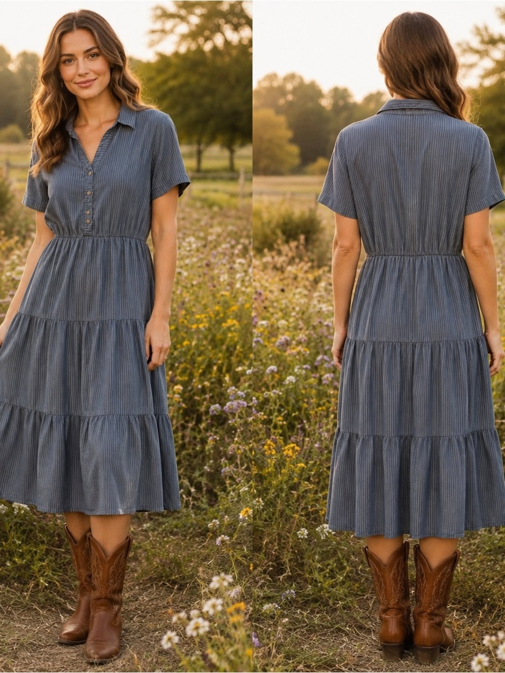 Jane & Delancey Blue Chambray Striped Tiered Midi Shirt Dress